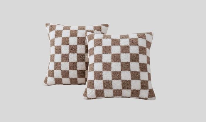 18x18 Inch Checkered Pillow Covers 2 Pack Soft Faux Fur Decorative Square Throw Pillow Covers Checkerboard Cushion Cases for Sofa Bedroom Couch Chair, Khaki, gift, style, home decor, design