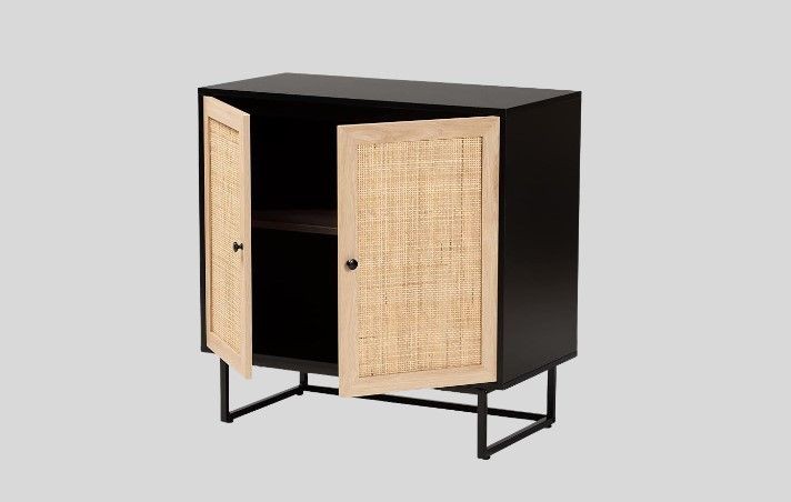 Baxton Studio Declan Mid-Century Modern Espresso Brown Finished Wood and Natural Rattan 2-Door Storage Cabinet