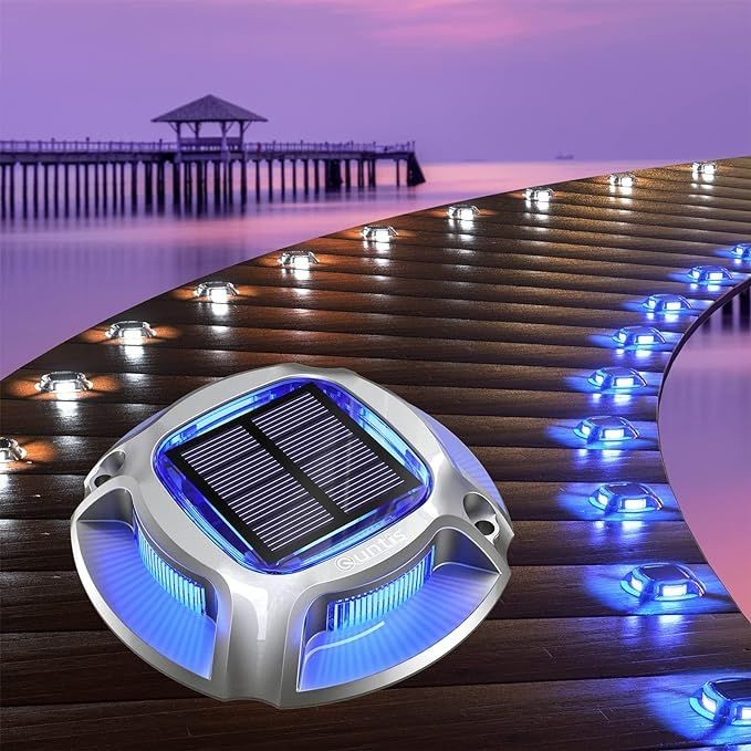 Quntis 12Pcs Solar Deck Lights, 2 Color Modes Blue+White Solar Driveway Lights, IP68 Waterproof Dock Lights Warning Step Lights, Aluminum Solar Lights Outdoor for Garden Stair Path Walkway