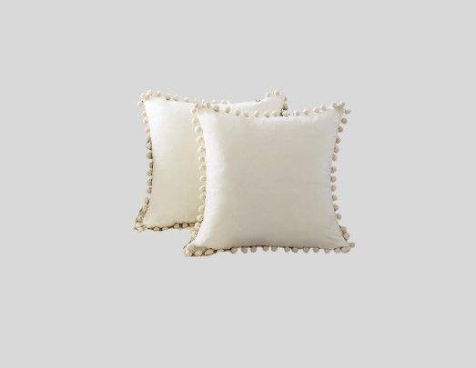 Top Finel Decorative Throw Pillow Covers 18x18 Set of 2, Cream White Couch Square Pillow Covers for Sofa Bed, Soft Velvet Cushion Covers with Pom Poms for Livingroom Bedroom Modern Home Decor