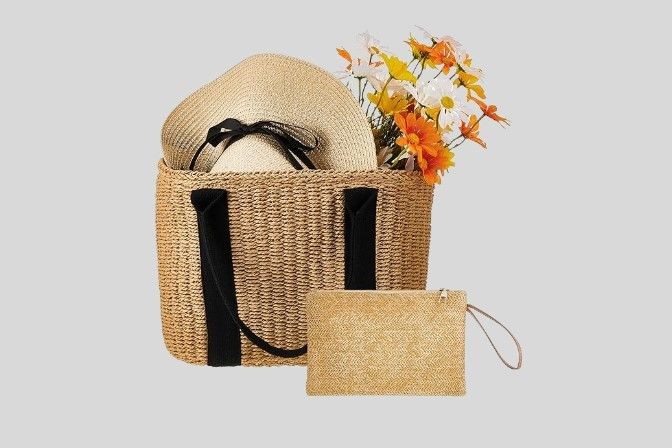 2 Pcs Summer Straw Bags Clutch Purse Set, Large Beach Bag Handwoven Straw Beach Tote Handbags Small Wristlet Purses for Women Bohemian Wristlet Wallet with Zipper, Khaki