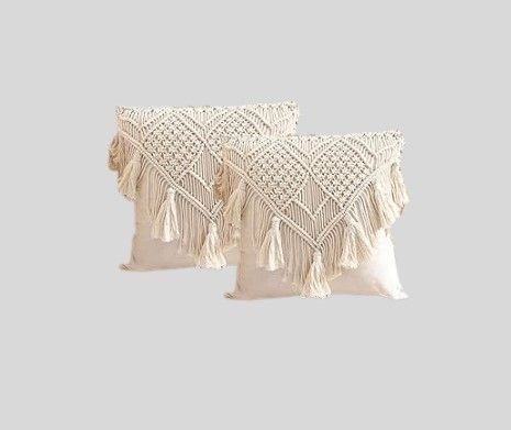 Throw Pillow Covers, Macrame Cushion Case, Woven Boho Cushion Cover for Bed Sofa Couch Bench Car Home Decor, Comfy Square Pillow Cases with Tassels, Set of 2 Decorative Pillowcase (17X17 inch, Cream)