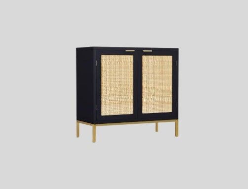 Giluta Black Sideboard Buffet, Kitchen Storage Cabinet with Door, Natural Rattan Accent Cabinets, Free Standing Wooden Coffee Bar TV Console