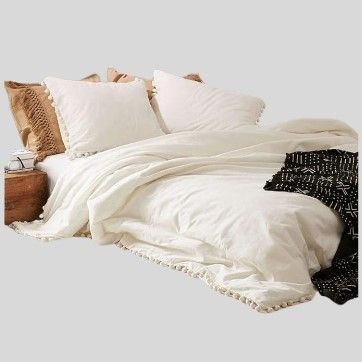 Flber White Pom-Fringe Duvet Cover King Queen Queen Size 86in x 90in