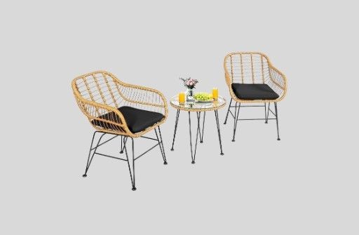 KOTEK 3 Pieces Patio Bistro Set, Outdoor Rattan Conversation Set with Glass Top Coffee Table & Seat Cushions, Indoor Outdoor Wicker Bistro Furniture Set for Garden Backyard Porch Balcony (Black), Spring, Patio, Summer, Furniture, Set, Table, Chairs, Gift, Rattan