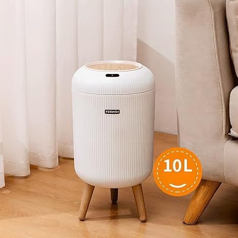 10 Liter Smart Trash Can with Lid, Round Plastic Garbage Can with Legs, Waterproof Touchless Garbage Bin, Modern Waste Basket for Bedroom, Bathroom, Kitchen, Living Room, Office, White (No Battery)