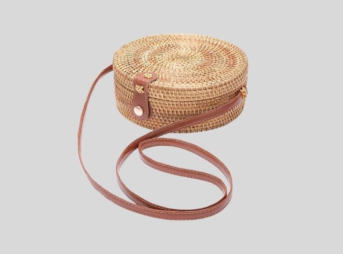 Handwoven Round Rattan Bag Shoulder Leather Straps Natural Chic Hand, Golden, 8*3.5, summer, gift, bag