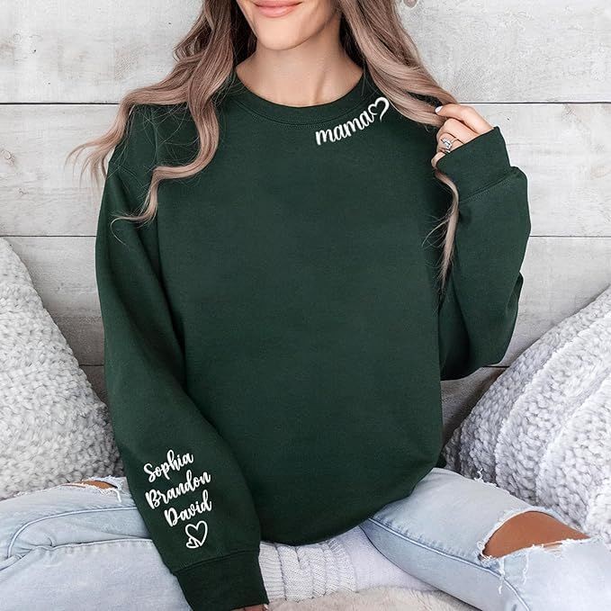 Custom Embroidered Mama Sweatshirt with Kids Name on Sleeve Personalized Mom Sweatshirt for Mothers Day Birthday Gift for Mom, gift, mothers day.