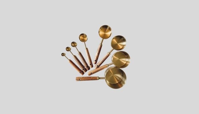 Measuring Cups Set of 8 | Measuring Spoons Tools Cups And Spoons | Prep Dish Gold Metal Measure Cups Wooden Handle | Gold Copper 1/4 cup, 1/3 cup, 1/2 cup, 1 cup, 1/4 tsp, 1/2 tsp, 1 tsp, and 1 tbsp. Set of 8 measuring cups Wood and gold cups Measuring spoon Baking cups 1/4 cup, 1/3 cup, 1/2 cup, 1 cup, 1/4 tsp, 1/2 tsp, 1 tsp, and 1 tbsp. 