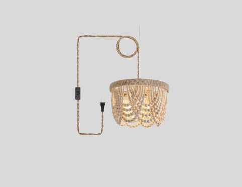 AZMASA Plug in Chandelier Boho Woven Hemp Rope Wooden Beaded Farmhosue Hanging Pendant Light Fixture with 14.8FT Cord On/Off Switch 3 Lights for Nursery Bedroom Living Room Dining Room