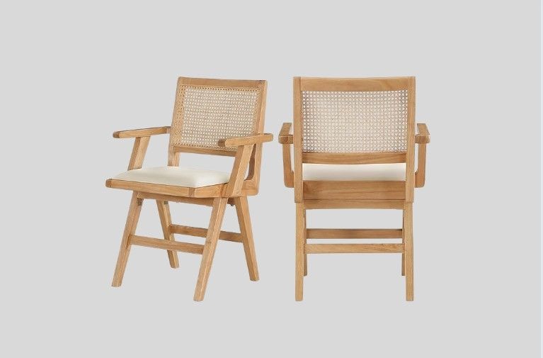 Meridian Furniture Abby Collection Mid-Century Modern Dining Arm Chair with Solid Wood, Cane/Rattan Back, Faux Leather Seat, Set of 2, 22" W x 23" D x 34.5" H, Cream, rattan, gift, chairs 