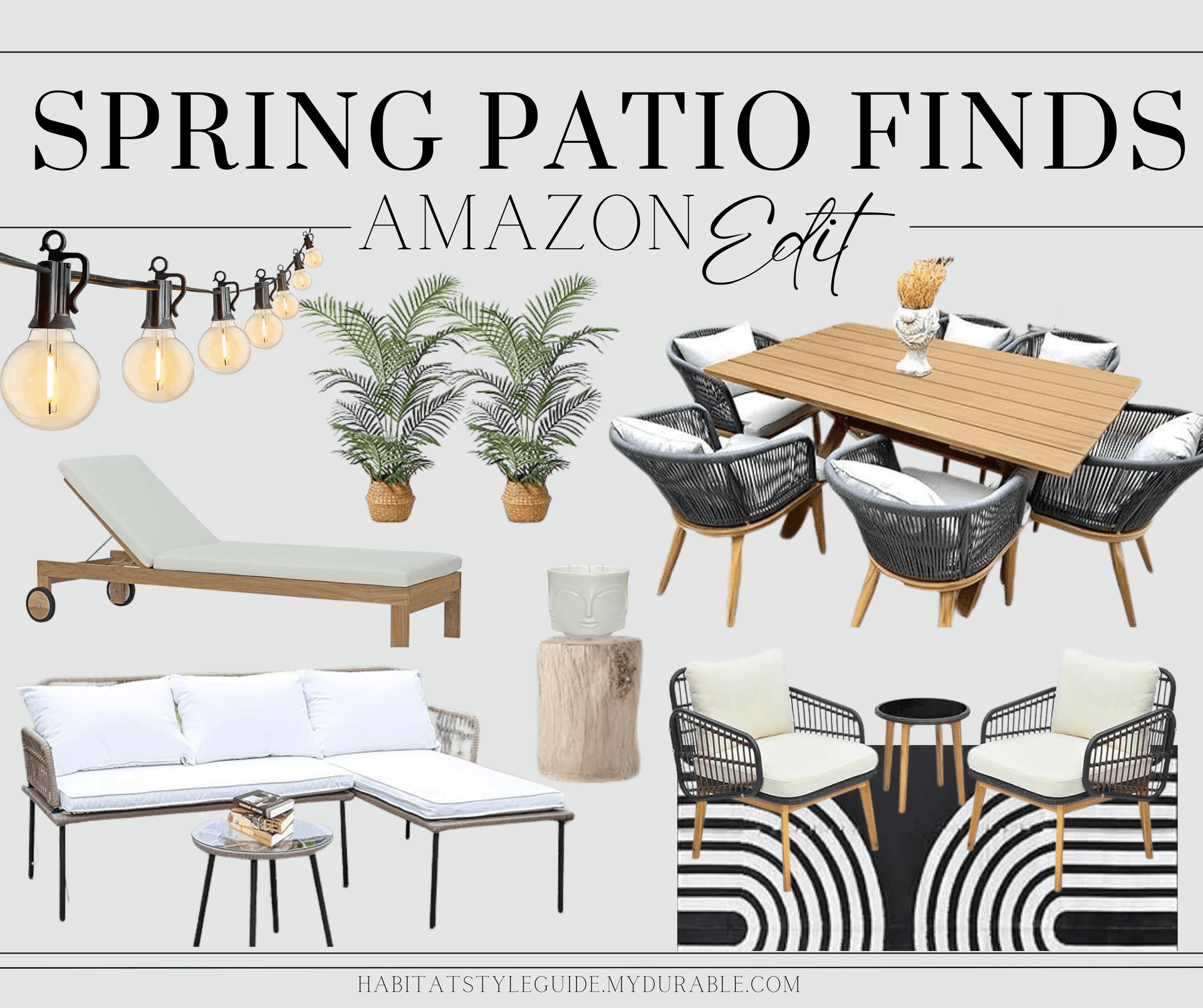 Spring Patio items, shopping, unique patio finds, stylish patio items, budget friendly, lights, loungers, patio furniture, patio accessories, citronella candle, palm tree, side table, outdoor area rug